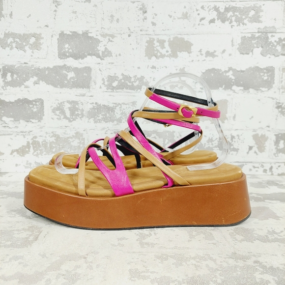 New Rag & Bone Logan Tan and Fuchsia Platform Sandal X259